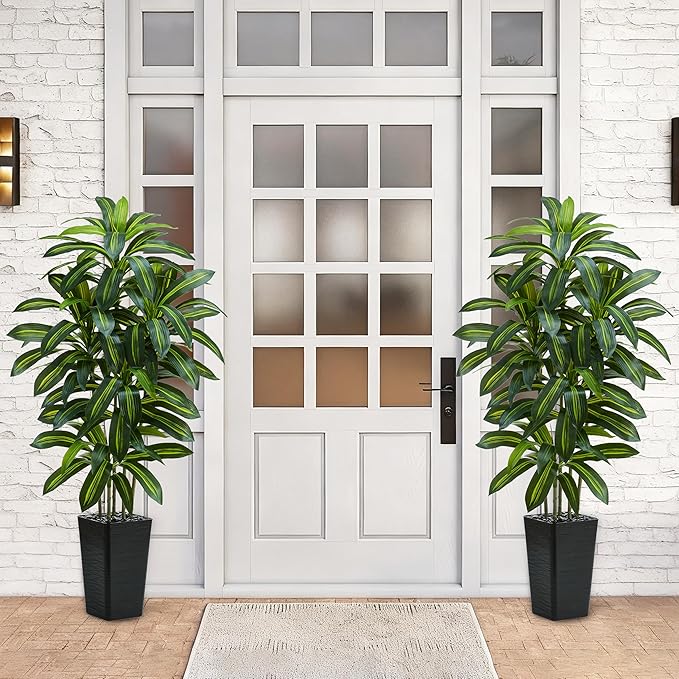 Artificial Dracaena Tree：5FT Faux Silk Tropical Yucca Floor Trees Realistic Fake Green Plant with Natural Wood Trunk & Lifelike Leaves for Home Office Decor Indoor & Outdoor (5FT,1-Pack,Black)