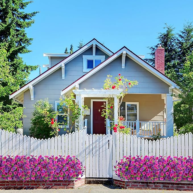 Artificial Flowers for Outdoors Decoration, 10 Bundles Fake Plastic Flower Plant, Faux Colorful Silk Morning Glory Petunias for Outside Garden Porch Front Door Decor, Purple