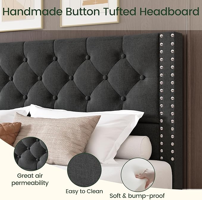 LARMACE Full Size Bed Frame Upholstered Platform Bed with 4 Storage Drawers and Tufted Headboard Linen Bed Frame with Heavy Duty Wood Slats, No Box Spring Needed, Easy Assembly, Dark Grey