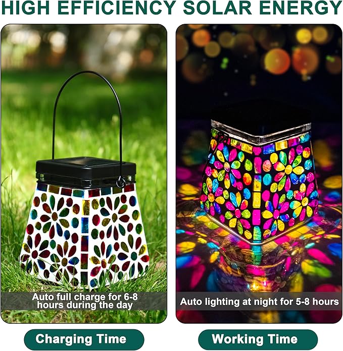 VOREEN Mosaic Solar Lanterns, Handmade Outdoor Glass Hanging Lights, Solar Table Lamps, IP44 Waterproof Lights, Deco for Garden, Patio, Yard, Party, Balcony, Gift for Mom Wife Friend, Colorful Flower