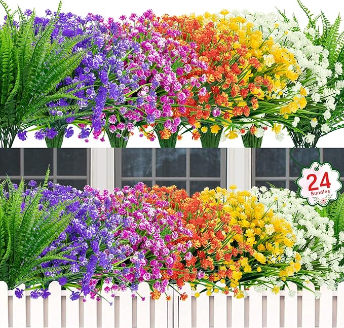 Ouddy Decor 24 Bundles Artificial Flowers for Outdoors UV Resistant Fake Plastic Plants Faux Boston Fern Greenery Stems for Spring Summer Indoor Garden Patio Window Box Kitchen Home Decor, Mixedcolor