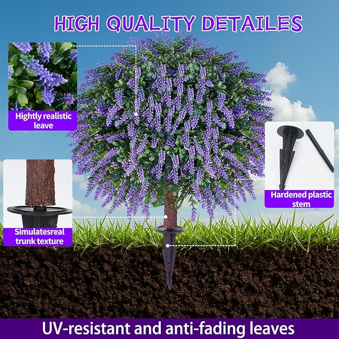Artificial Lavender Topiany Ball Trees Set of 2,17” Resistant Fake Evergreen Shrubs with Ground SpilRealistic Outdoor Indoor Plants for Garden Porch Maintenance-Free Potted