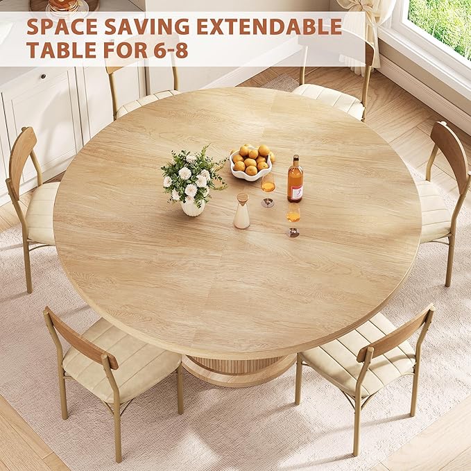 Extendable Round Kitchen Dining Room Table for 4-6 with 2-Tier Storage Shelf, 63'' Space Saving Expandable Wood Oval Circle Dinner Furniture with Pedestal Base (Natural Oka)