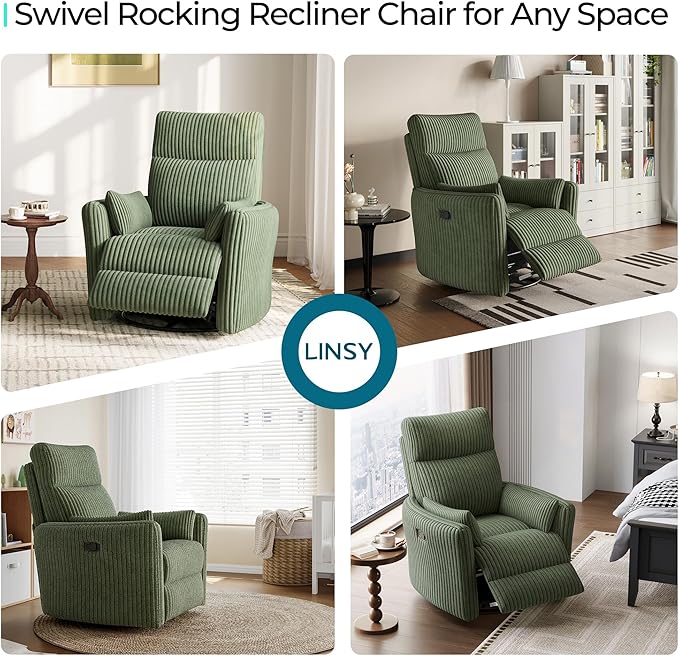 LINSY 360 Swivel Recliner Chair - Corduroy Nursery Glider Rocking Chair with 2 Pillows, Comfy High Back Adult Recliner for Small Spaces, Nursery Bedroom Living Room Reclining (Green)