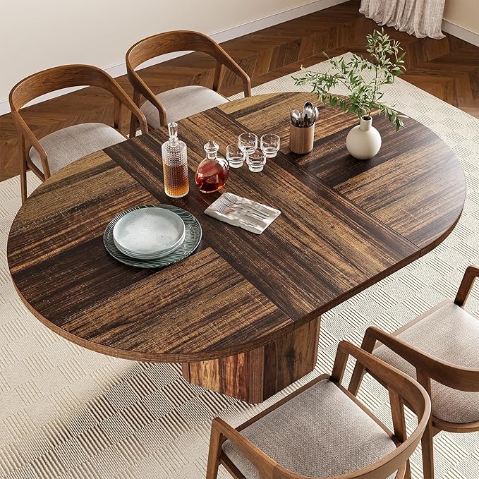 LITTLE TREE 55-Inch Rustic Oval Dining Table for 6, Wood Kitchen Table, Country Chic Furniture for Kitchen, Dining Room & Living Room Wooden Base, Brown Finish