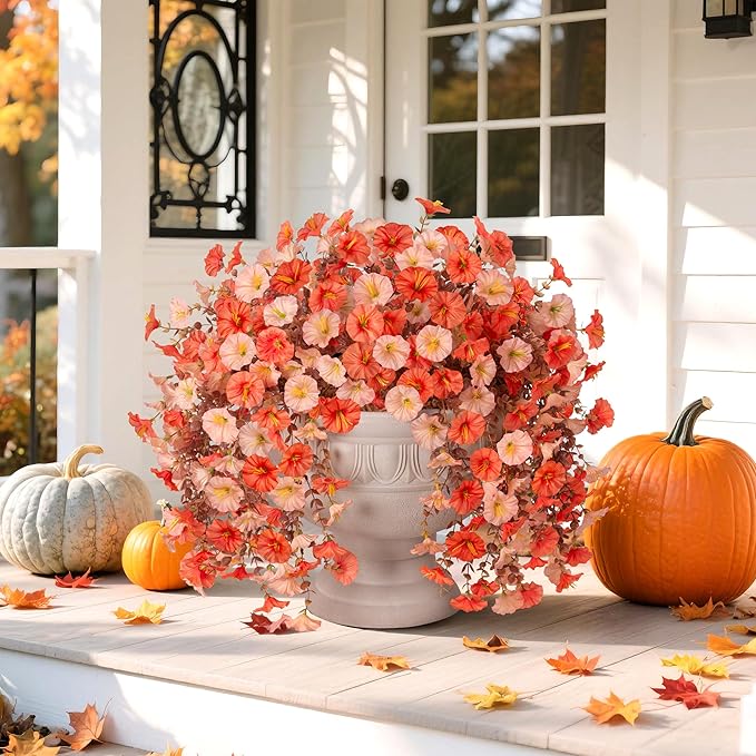 Ivydale Artificial Faux Mums Fall Flowers for Outdoor Outside Decoration, 2 PCS Fake Hanging Flowers Silk Morning Glory Plants with Eucalyptus for Home Garden Decor (Fall Orange+Light Orange)