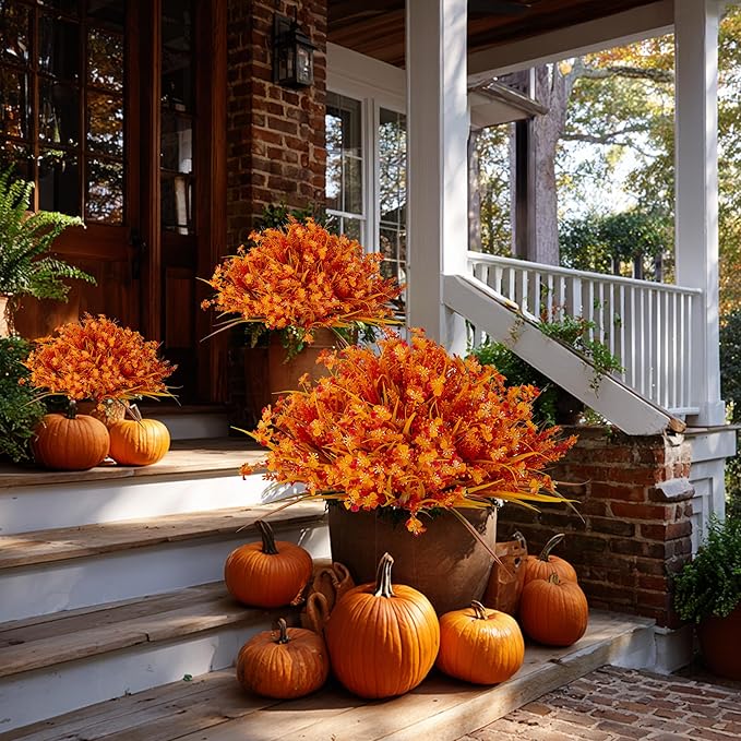 Artificial Fall Flowers Outdoor Fake Mums - 16 Bundles Fake Plants UV Resistant No Fade Faux Plastic Greenery Garden Porch Patio Fall Home Decor (1, OrangeYellow)