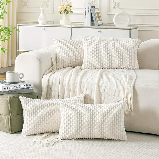 Set of 4 Cream White Decorative Throw Pillow Covers 12x20 Inch Corduroy Pillow Covers for Bed Couch Sofa Living Room Soft Cushion Cases