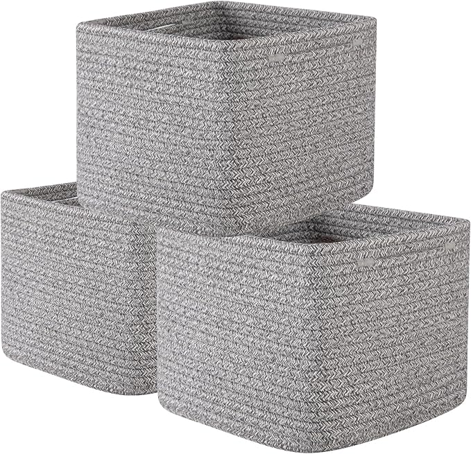 OIAHOMY 9”x9”x7” Storage Cubes, Cotton Rope Woven Baskets for Organizing, Cube Storage Bin, Small Gift Basket for Shelf, 3-Pack, Grey