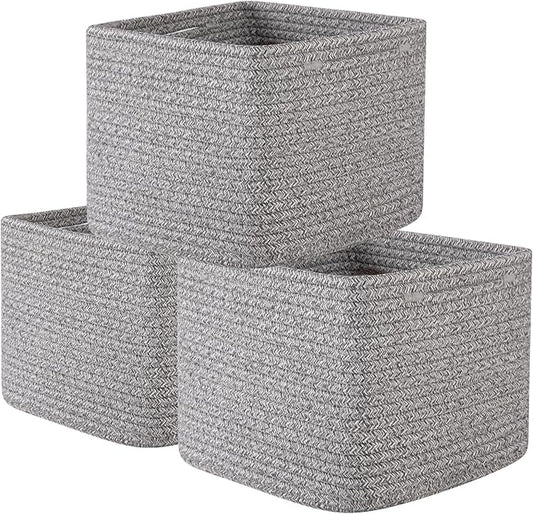 OIAHOMY 9”x9”x7” Storage Cubes, Cotton Rope Woven Baskets for Organizing, Cube Storage Bin, Small Gift Basket for Shelf, 3-Pack, Grey