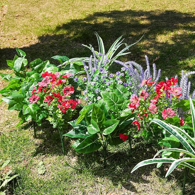 20PCS Artificial Plants for Outdoor Decor Realistic Faux Greenery & Flowers Fake Plastic Leaves with Stems UV Resistant Outside Bushes for Garden Patio and Porch