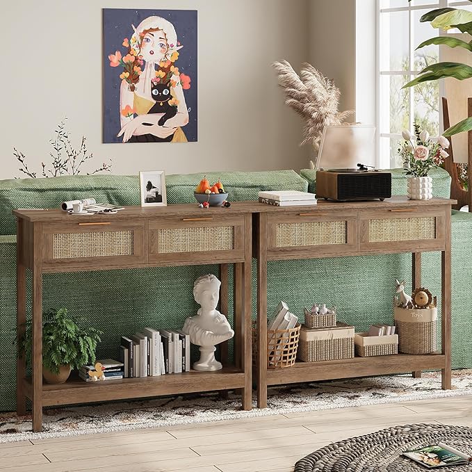 Farmhouse Rattan Console Table with 2 Drawers 2 Tier Boho Narrow Long Sofa Table Natural with Open Storage Shelf Wood Entryway Table for Living Room Hallway Foyer
