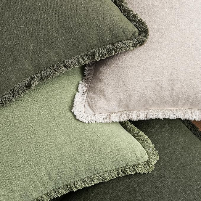 MIULEE Christmas Decorative Couch Pillow Covers Neutral Linen Fringe Throw Pillows Set of 4 Boho Farmhouse Accent Cushions for Bed Sofa Living Room Spring Home Decor 18x18 Inch Beige/Sage Green
