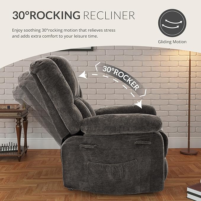 Velvet Rocker Recliner for Adults, Overstuffed Manual Recliner Chair with Spring Cushion, Rocking Chair with Side Pockets, Nursery Glider Recliner Single Sofa for Living Room (Oversize, Khaki)