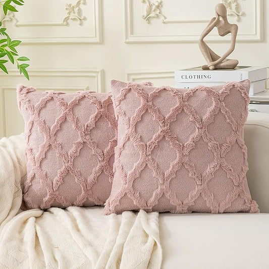 Set of 2 Soft Moroccan Throw Pillow Covers 24x24 Inch Plush Boho Decorative Pillow Cover Accent Cushion Case for Couch Sofa Bed, Pink