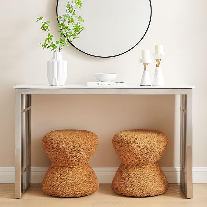 VANOMi Multi-Functional Boucle Ottoman, Vanity Stool Chair, Sturdy Wooden Footstool, Suitable for Living Room, Bedroom, and Entryway, Without Installation, Curry