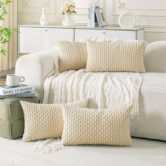 Set of 4 Beige Decorative Throw Pillow Covers 12x20 Inch Corduroy Pillow Covers for Bed Couch Sofa Living Room Soft Cushion Cases