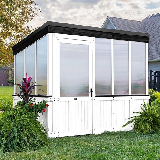 Backyard Discovery Willow 9' x 6' White Cedar Wood and Polycarbonate Walk-in Greenhouse Kit with Exhaust Fan, Windows, Hose Hook-Ups, PowerPort, Staging Shelves for Year-Round Outdoor Gardening