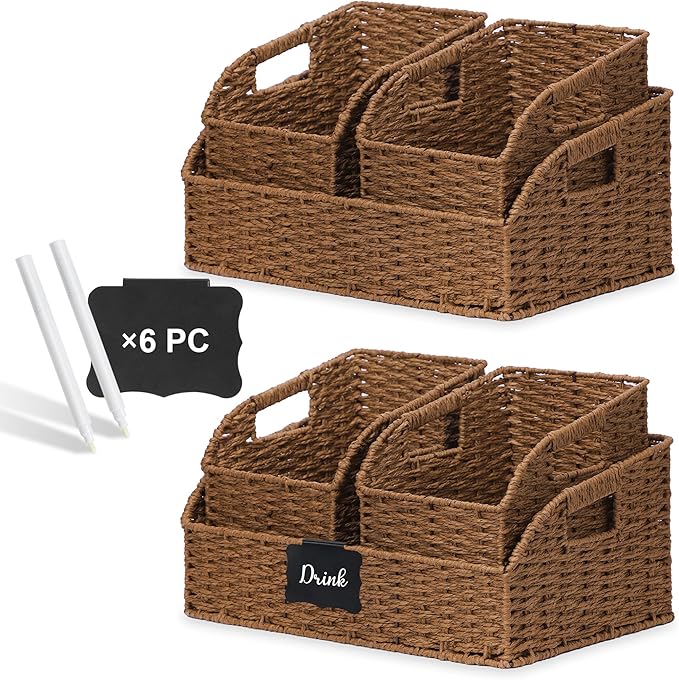 Wicker Baskets for Organizing,Pantry, Kitchen Counter with Handles, Handwoven Woven Storage Baskets for Fruit, Bread, Vegetable, Paper Storage Bins for Shelves, 3 Pack, Brown 2 Set