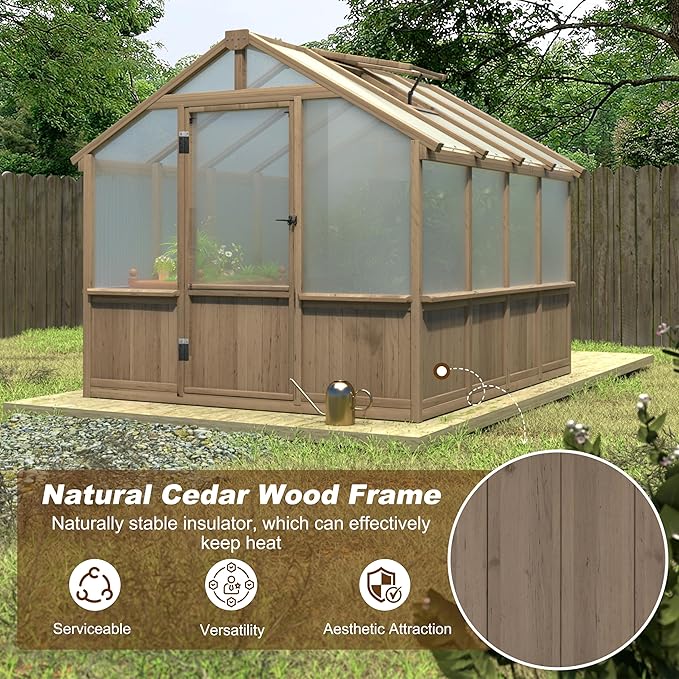 8x8 FT Greenhouse Kit for Outdoor, 6MM Thick Polycarbonate Panel Wooden Walk-in Green House with Lockable Door and Adjustable Roof Vent, Backyard Garden, Light Mocha Brown