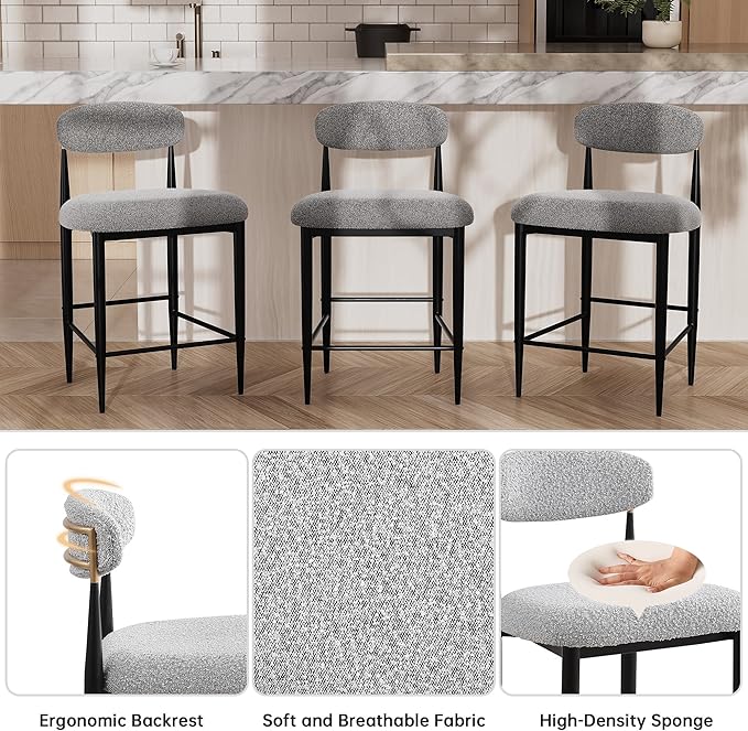 Morden Fort Counter Height Bar Stools Set of 2, Modern Upholstered Counter Stools with Black Metal Legs and Gold Accent, 26" Boucle Island Chairs for Kitchen and Home Bar