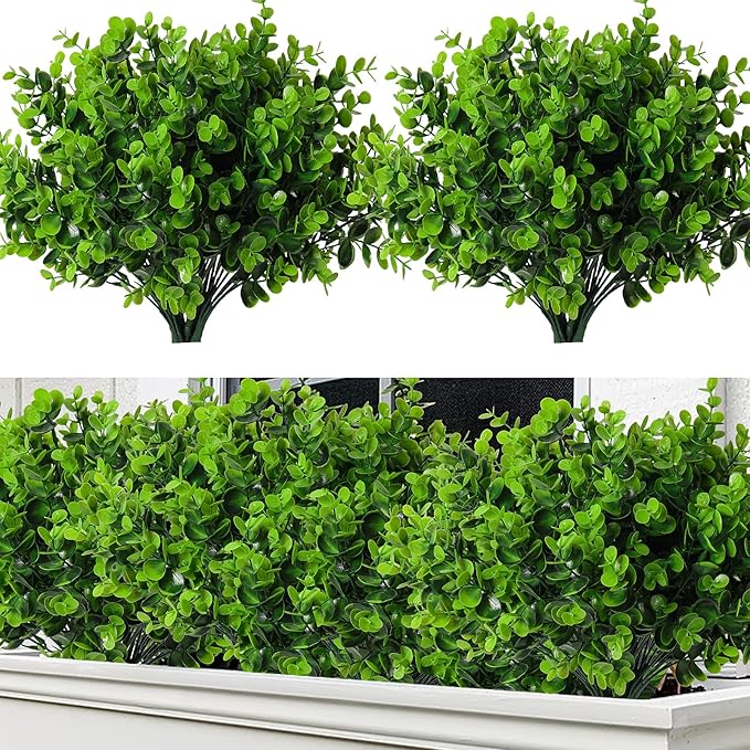 RECUTMS 12 Bundles Artificial Bushes Greenery Plants Stems Faux Shrubs Boxwood Plants Outdoor UV Resistant Fake Eucalyptus for Farmhouse Home Office Wedding Patio Backyard Indoor Outdoor Decor(Green)