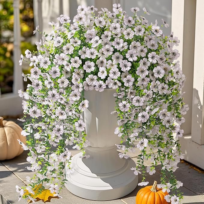 Artificial Hanging Flowers for Outdoors Faux Plants Decoration, 2 Packs Fake Silk Daisy Flower Realistic Outdoor Flowers UV Resistant Porch Patio Window Yard Outside Decor(White)
