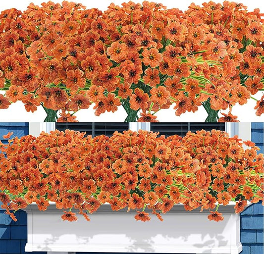 Uieke 72 Bundles Artificial Fall Flowers for Outdoors UV Resistant No Fade Faux Autumn Plants for Outside Home Garden Wedding Party Fall Décor (Orange)