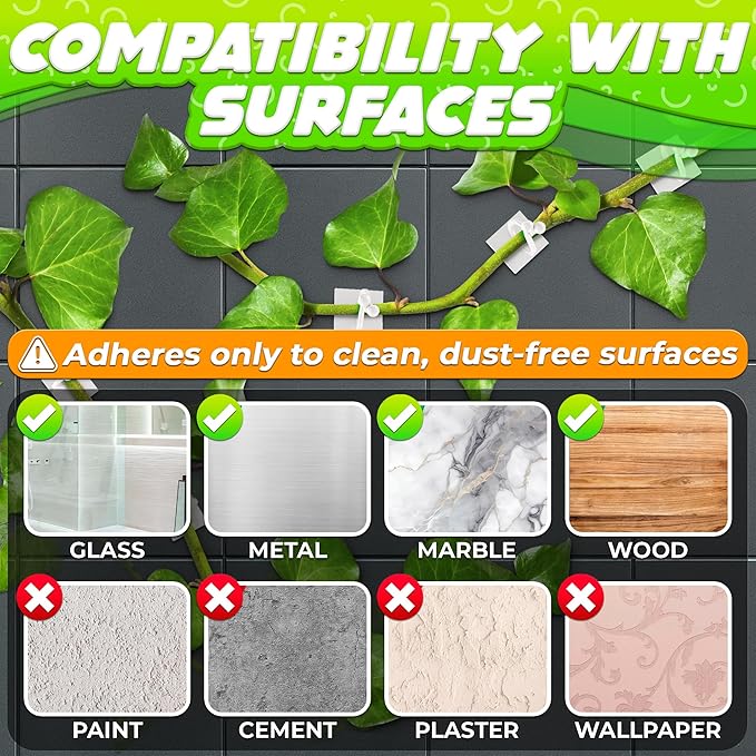 100Pcs Clear Plant Clips for Climbing Plants Indoor - White & Flexible Climbing Plant Wall Clips for Vines Organize - Universal Size Vine Clip Set with Sticky Mount, Easy Installation & Strong Grip