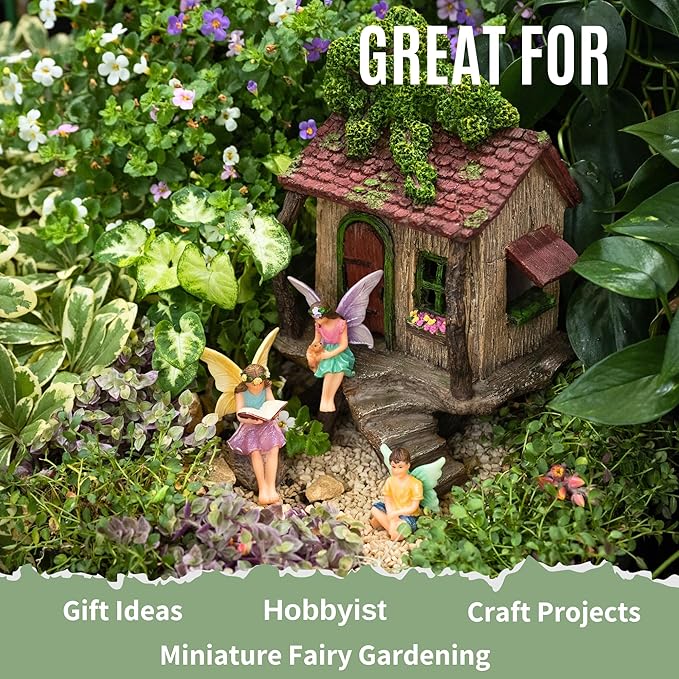 PRETMANNS Fairy House Kit - Fairy Garden Accessories for Outdoor Miniature Village Decor, with Three Fairies - House, 9’ High & Door can Open Wide - 4 Piece Supplies