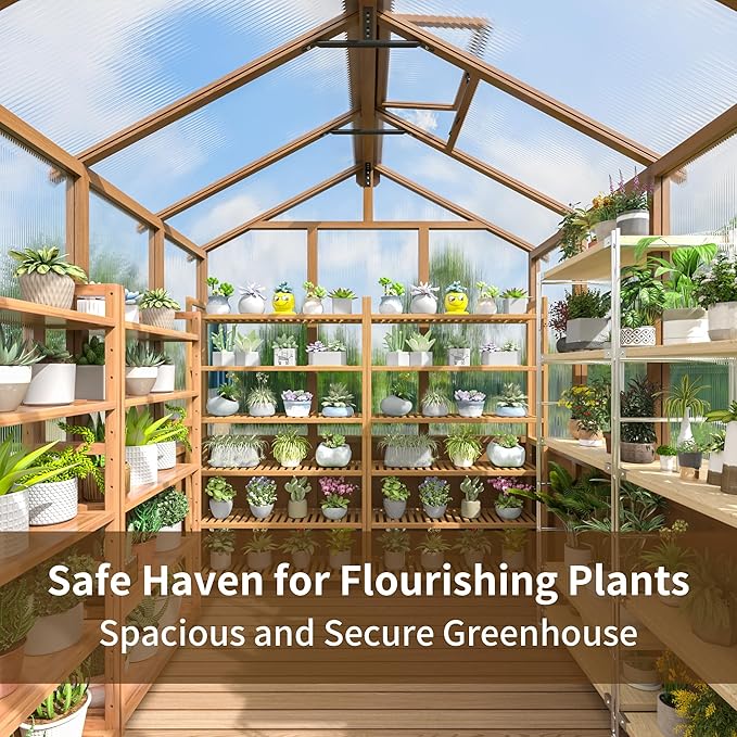 6x8 FT Greenhouse, Wooden Walk-in Greenhouse for Outdoors with 6MM Thick Polycarbonate Panel and Adjustable Roof Vents, Garden Backyard, Patio, Lawn, Wood Colour