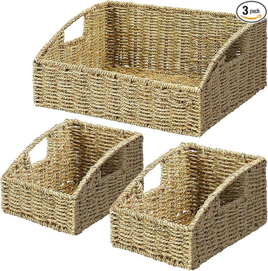 Ollieroo Natural Seagrass Storage Baskets, Handwoven Wicker Storage Bins with Built-in Handles, Storage Container Baskets for Shelves, Bedroom, Bathroom, Laundry Room or Kitchen(Green)