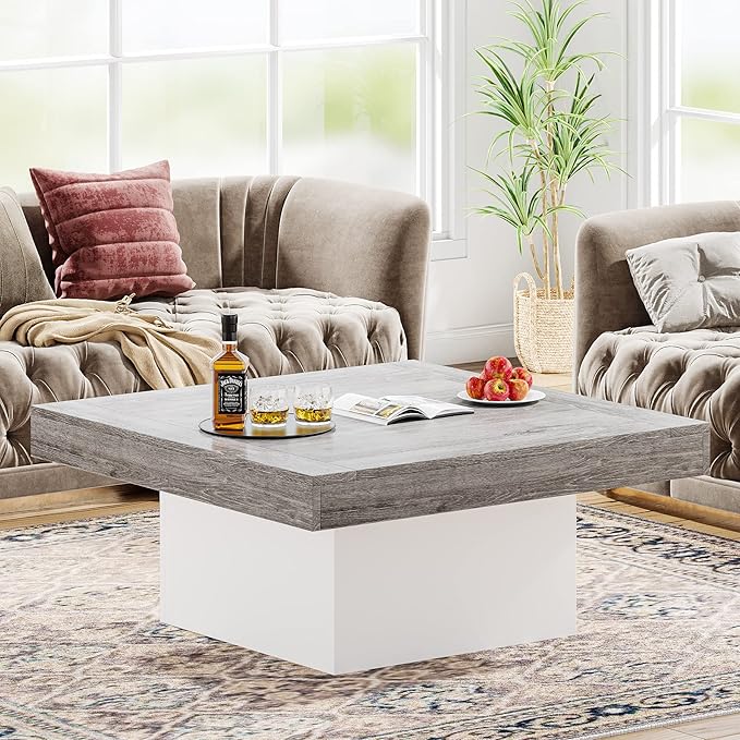 Tribesigns Coffee Table Square LED Center Table Engineered Wood Low Coffee Tables for Living Room (Grey+White)
