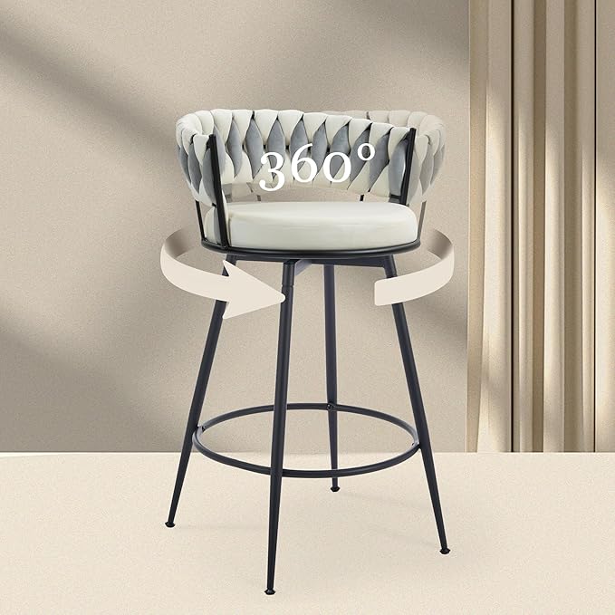 Swivel Bar Stools Set of 4, 24 Inches Modern Counter Height Bar Stools with Woven Back, White Upholstered Suede Tall Barstools for Kitchen Island, Cafe