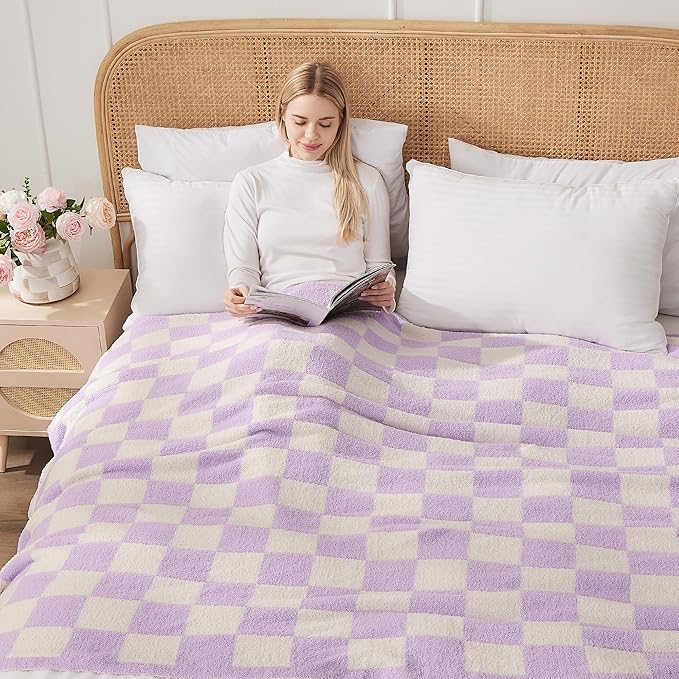 JOOJA Soft Cozy Checkerboard Lilac Fluffy Knit Throw Blanket for Couch Plaid Checkered Blanket Lilac 60x80 in