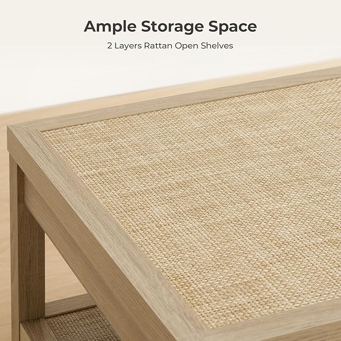 SICOTAS Rattan Coffee Table for Living Room - Boho Rectangular Dining Center Table with 2 -Tiers Rattan Storage Shelf, Farmhouse Accent Table for Living Room, Home Office, Light Oak