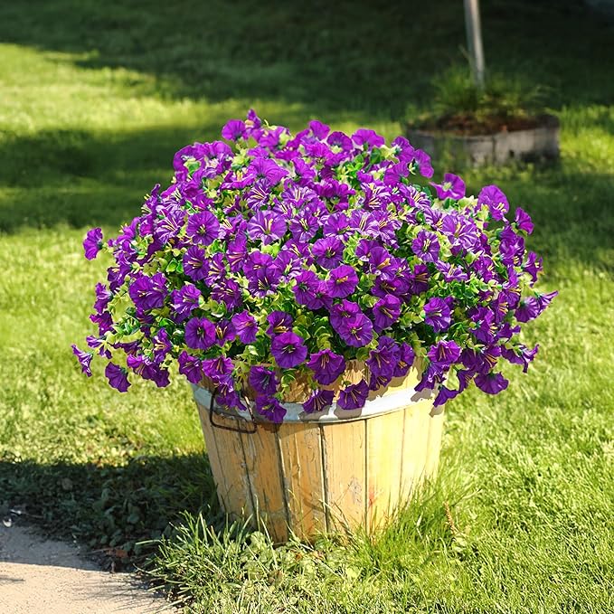 Artificial Flowers Fake Plants for Outdoors Decoration, 12 Bundles Purple Silk Morning Glory with Eucalyptus Realistic UV Resistant Faux Flowers Greenery for Outside Planter Yard Garden Home Indoor