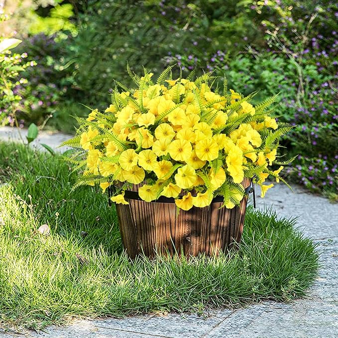 Artificial Flowers Outdoors 12 Bundles Yellow Artificial Petunias Fake Flowers UV Resistant Shrubs Plants with Fern for Indoor Outside Hanging Planters Home Garden Summer Decorations
