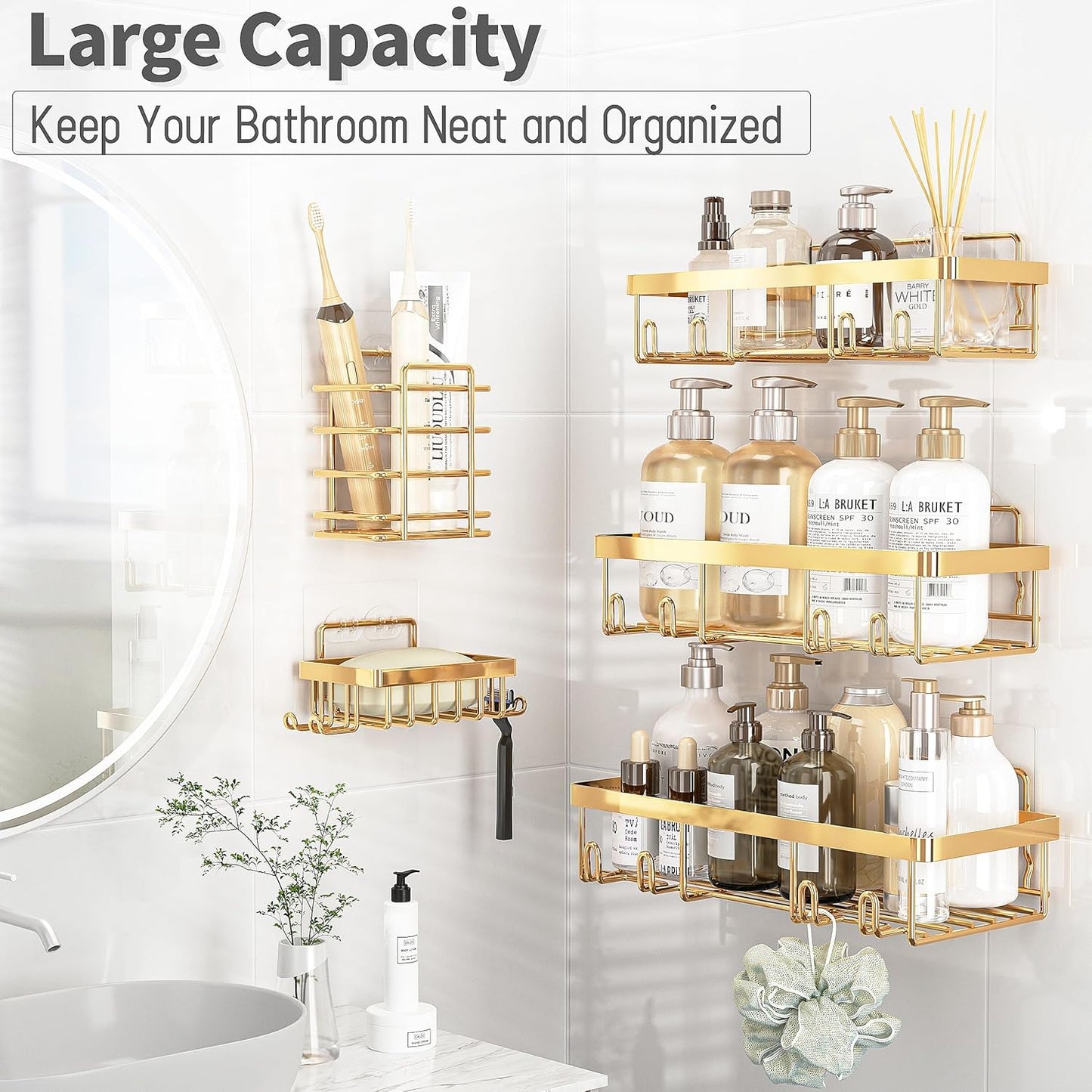 5 Pack Shower Caddy Organizer Rack Shelf for Inside Shower, Self Adhesive Wall Storage Basket Rustproof Stainless Steel Shampoo Holder Bathroom Accessory Decor Set, Gold