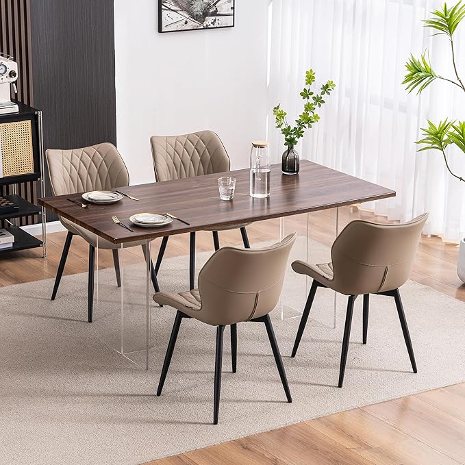 YOUNIKE Dining Chairs Set of 2, Upholstered Leather Kitchen Dining Room Chairs, Modern Living Room Chairs with Wide Curved Back and Metal Legs, Khaki Taupe