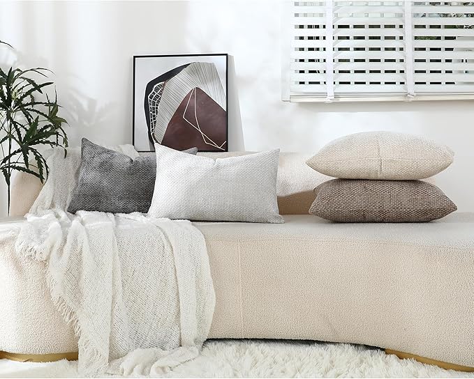 Stellhome Pack of 2 Woven Textured Decorative Throw Pillow Covers Soft Chenille Accent Luxury Cushion Cases for Living Room Couch Bed Sofa Farmhouse Boho Home, 12x20 inch, Light Grey