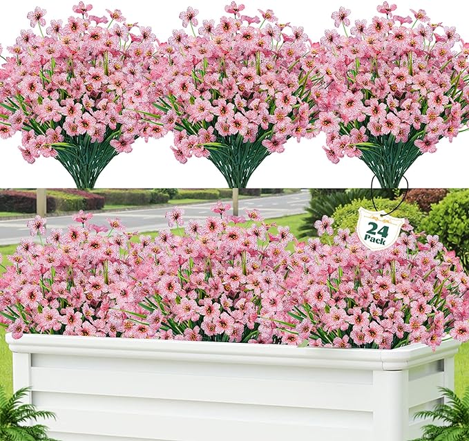 Lnoicy 24 Pcs Artificial Flowers for Outdoor,Plastic Flowers Decoration, UV Resistant Faux Flowers Shrubs, Artificial Plants for Indoor Outside Garden Home Wedding Farmhouse(Pink)