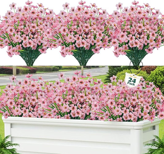Lnoicy 24 Pcs Artificial Flowers for Outdoor,Plastic Flowers Decoration, UV Resistant Faux Flowers Shrubs, Artificial Plants for Indoor Outside Garden Home Wedding Farmhouse(Pink)