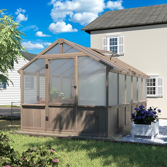 BlueWish 8x12 FT Greenhouse for Outdoors, Wood Green House with Cedar Frame & 6MM Thick Polycarbonate Panel, Walk in Greenhouse with Adjustable Vents for Outdoor, Patio, Garden, Backyard