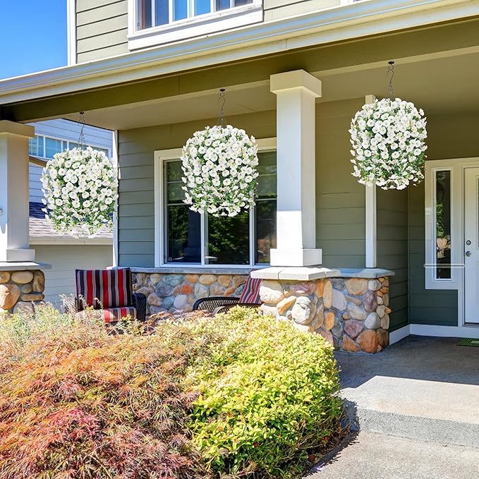 Artificial Faux Hanging Flowers Plants for Outdoor Decor,2 PCS Fake Silk Morning Glory with Eucalyptus UV Resistant Realistic Trailing Vines for Wall Home Porch Patio Balcony Yard Indoor Decor,White