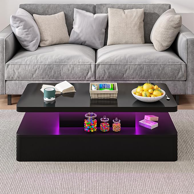 oneinmil Modern LED Coffee Table, 47" Living Room Tables with Double-Layer Design, 16 Colors LED Lights, Stylish Coffee Tables for Living Room, Home, Office, Black