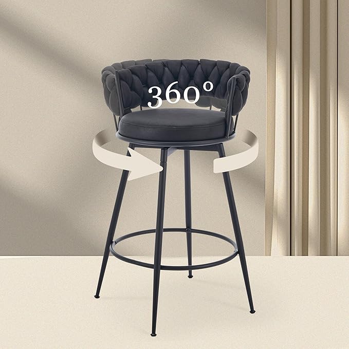 Swivel Black Bar Stools Set of 4, 28 Inches Modern Counter Height Bar Stools with Woven Back, Upholstered Suede Tall Barstools for Kitchen Island, Cafe