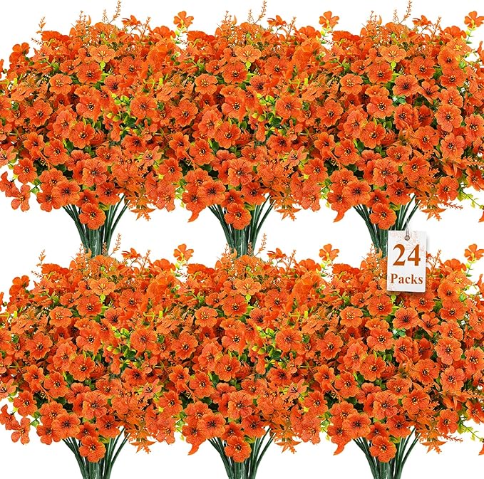 SHareconn 24 Bundles Artificial Fall Flowers for Outdoors Decoration, UV Resistant Silk Eucalyptus Lavender Faux Autumn Fake Plants for Outside Indoor Garden Yard Porch Home Decor, Orange