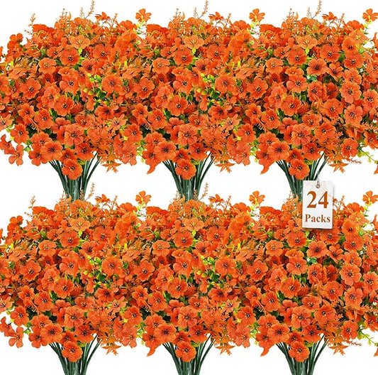 SHareconn 24 Bundles Artificial Fall Flowers for Outdoors Decoration, UV Resistant Silk Eucalyptus Lavender Faux Autumn Fake Plants for Outside Indoor Garden Yard Porch Home Decor, Orange
