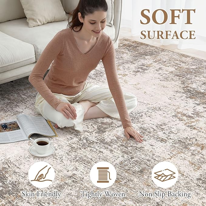 Area Rugs for Living Room: 5x7 Large Soft Washable Rug Modern Abstract Non-Slip Backing Stain Resistant Carpet for Bedroom Dining Room or Home Office Home Decor - Brown